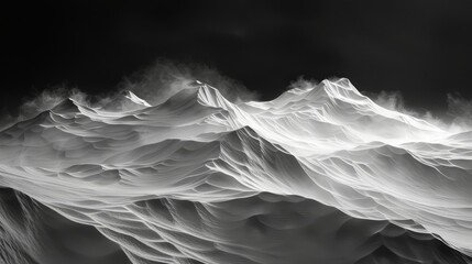 A black and white photo of a snowy mountain range with a large wave crashing over it. Scene is serene and peaceful, with the vastness of the mountains - obrazy, fototapety, plakaty