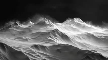 Fotobehang A black and white photo of a snowy mountain range with a large wave crashing over it. Scene is serene and peaceful, with the vastness of the mountains © Sodapeaw