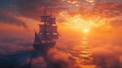 A large ship sails through the ocean on a cloudy day. The sky is orange and the sun is setting - obrazy, fototapety, plakaty