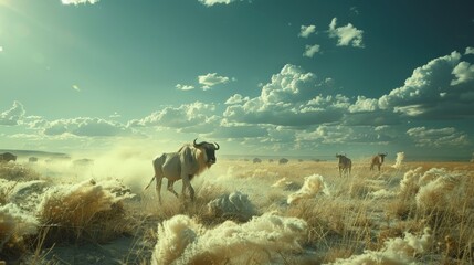 A herd of wildebeest are running through a field. The sky is blue and there are clouds in the background