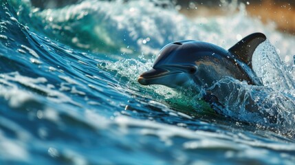 A dolphin is swimming in the ocean waves with its head up. Generative AI.