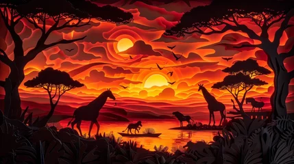 Muurstickers A painting of a sunset in Africa with giraffes and horses. The mood of the painting is peaceful and serene © Sodapeaw