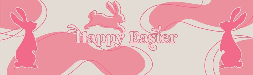 Happy Easter banner. Trendy Easter design with text Happy Easter, hand-drawn eggs, bunny. Modern minimal style. Horizontal poster, greeting card, header for website, Easter concept.