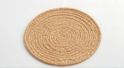 Fototapeta na wymiar A Round woven placemat placed on a white isolated background, View from above, round mat or rattan, rug