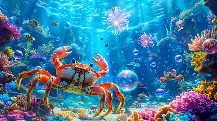 A cartoon crab leads a parade of sea creatures in a lively underwater celebration of the Cancer zodiac with coral floats and bubble fireworks - obrazy, fototapety, plakaty
