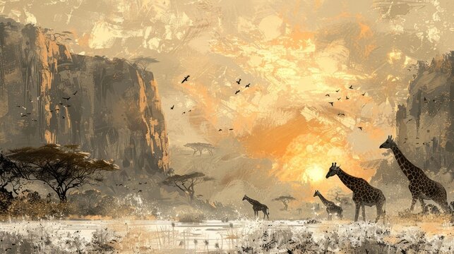 A painting of a savanna with giraffes and birds. The mood of the painting is peaceful and serene