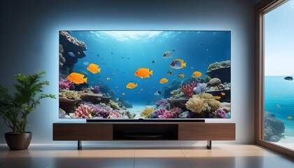 A transparent OLED TV screen suspended in mid-air, displaying a breathtaking underwater scene with colorful coral reefs and exotic fish.