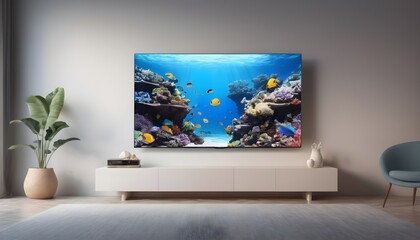 A transparent OLED TV screen suspended in mid-air, displaying a breathtaking underwater scene with colorful coral reefs and exotic fish.