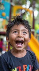A young boy with a smile on his face at the playground. Generative AI.
