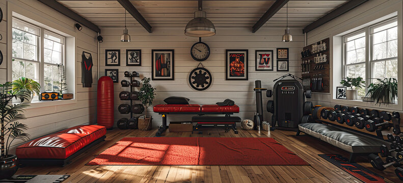 A small gym with red and black decor, darts on the wall, boxing gloves hanging from ceiling lights, wooden floor, couches and an old table in front of it Created with Ai