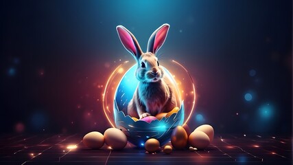 An easter greeting card design in the manner of digital technology including an easter egg and a rabbit. Modern, futuristic artwork with a light effect.