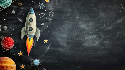 A rocket ship flying in space with stars and planets painted on the background of a black blackboard in the style of a color sketch, with an empty copy space - obrazy, fototapety, plakaty