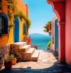 colorful village next to the sea in summer - 770921305