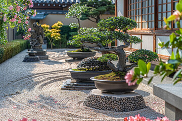 A serene Zen garden with meticulously raked gravel paths, adorned with sculptural arrangements of bonsai trees and delicate camellia blooms.
