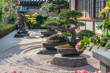Fotobehang A serene Zen garden with meticulously raked gravel paths, adorned with sculptural arrangements of bonsai trees and delicate camellia blooms. © umair