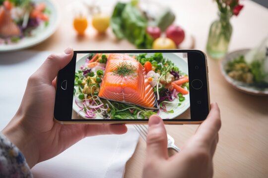 hands with a smartphone take pictures of fish. ingredients for diet, cooking. application for online food delivery.