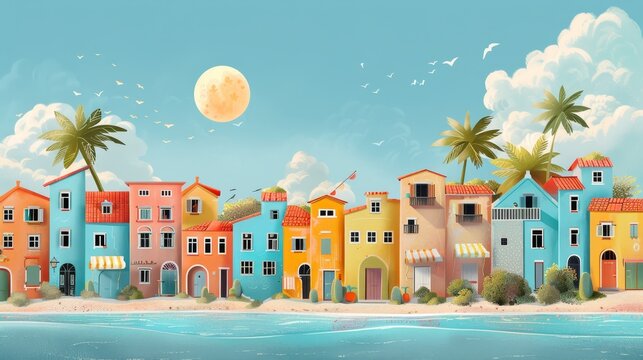 A colorful row of houses with palm trees in the background. The houses are painted in different colors and the sky is blue with a full moon