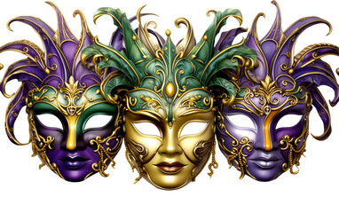 Lively Masquerade Masks in Bold Colors Isolated On Transparent Background PNG.