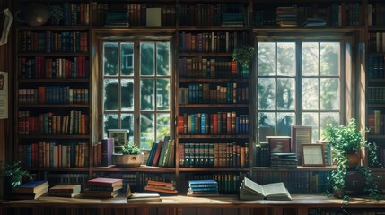 A window with a view of a library full of books. The books are arranged on a table and the window is open - obrazy, fototapety, plakaty