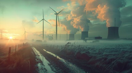 A foggy, misty morning with a sun rising in the background. The sky is filled with smoke from a nearby power plant - obrazy, fototapety, plakaty