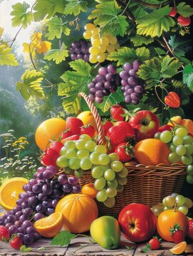 Colorful fruit basket with apples, oranges, and grapes arranged in an inviting composition.