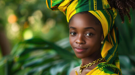 Jamaica Independence Day celebration, portrait of a beautiful girl in the national costume of Jamaica, tropical jungle, palm leaves