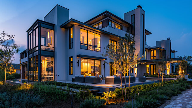 A panoramic image of a luxurious modern home in the gentle glow of dusk, with indoor lights casting a warm ambiance and outdoor lighting highlighting the home's unique architectural elements.