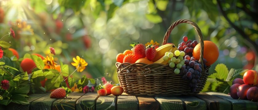 Colorful fruit basket arrangement on wooden table, inviting and vibrant still life composition.