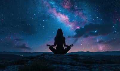 Peaceful lady meditating against backdrop of starry space
