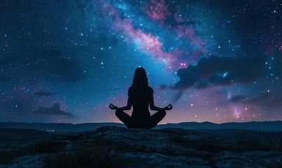 Fotobehang Peaceful lady meditating against backdrop of starry space © Jam