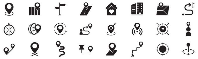 collection of location icons. Location icon set. Containing map, map pin, GPS, destination, directions, distance, place, navigation and address icons. Solid icons vector collection.