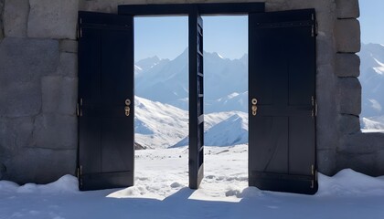 A-black-door-set-against-a-backdrop-of-snow-capped-mountains--