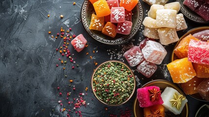 Turkish national sweets are sold at the fair. Multi-colored Asian desserts stacked on the table. Rahat lokum in bulk is sold at the festival