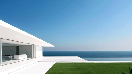 A white, minimalist masterpiece with an infinity edge lawn, under the vast blue sky, offering a new...