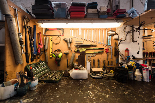 Industrial workshop table full of tools