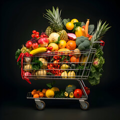 Shopping cart full of fresh fruits and vegetables. isolated on black background