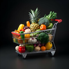 Shopping cart full of fresh vegetables on black background. Healthy food concept.