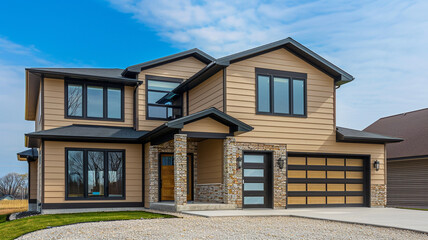 Contemporary opulent residence, newly constructed, wrapped in soft tan siding and accented with natural stone wall trim, without a garage for an uncluttered, modern appearance. - obrazy, fototapety, plakaty