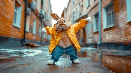 dressed rabbit dancing in the street - obrazy, fototapety, plakaty