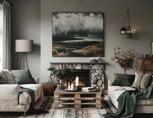 Cozy living room with large picture on the wall above sofa and coffee table. Stone fireplace, wooden pallet furniture, soft grey walls, dark green accent color, landscape painting in frame