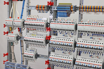Electric current circuit breakers to protect loads in an electrical distribution cabinet.