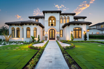Grand facade of a newly constructed luxury home with vibrant lawn and walkway to a richly designed porch entrance, in the glow of dusk. - obrazy, fototapety, plakaty
