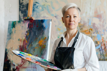 Portrait of a female artist with white, short hair holding a palette in her studio