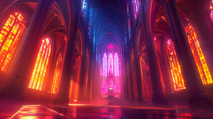 a cathedral with stained glass windows is lit up at night