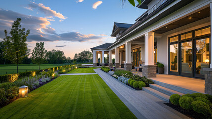 High-definition capture of a modern luxury home with a fresh green lawn and a welcoming path to an elaborate porch, under soft evening light.