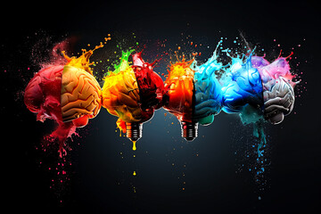 four light bulbs with brain shapes inside, each exploding with different colored paints on a dark background. - obrazy, fototapety, plakaty