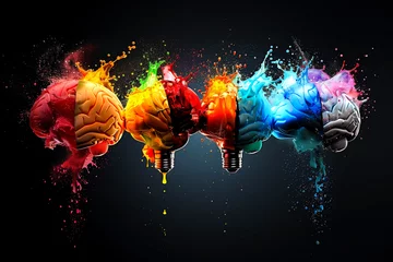 Fotobehang four light bulbs with brain shapes inside, each exploding with different colored paints on a dark background. © weerasak