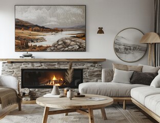 Cozy winter living room with soft grey sofa, wooden coffee table and rustic stone fireplace