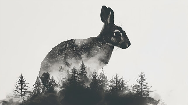 Monochrome photo of a rabbit in grassland surrounded by trees
