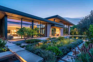 Late afternoon panoramic view of a contemporary home, where the soft sunlight enhances the textures and colors of the architectural elements and the garden,  - obrazy, fototapety, plakaty
